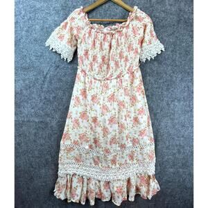 Rahi Cali Dress Large Crochet Lace Smocked Peasant Country Cottage Boho Ruffle